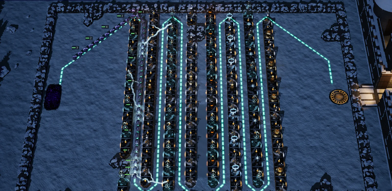 A snowy field at night packed with a long serpentine maze of lantern walls and towers along a glowing cyan path