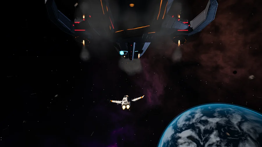 A fighter passes under the keel of a burning warship