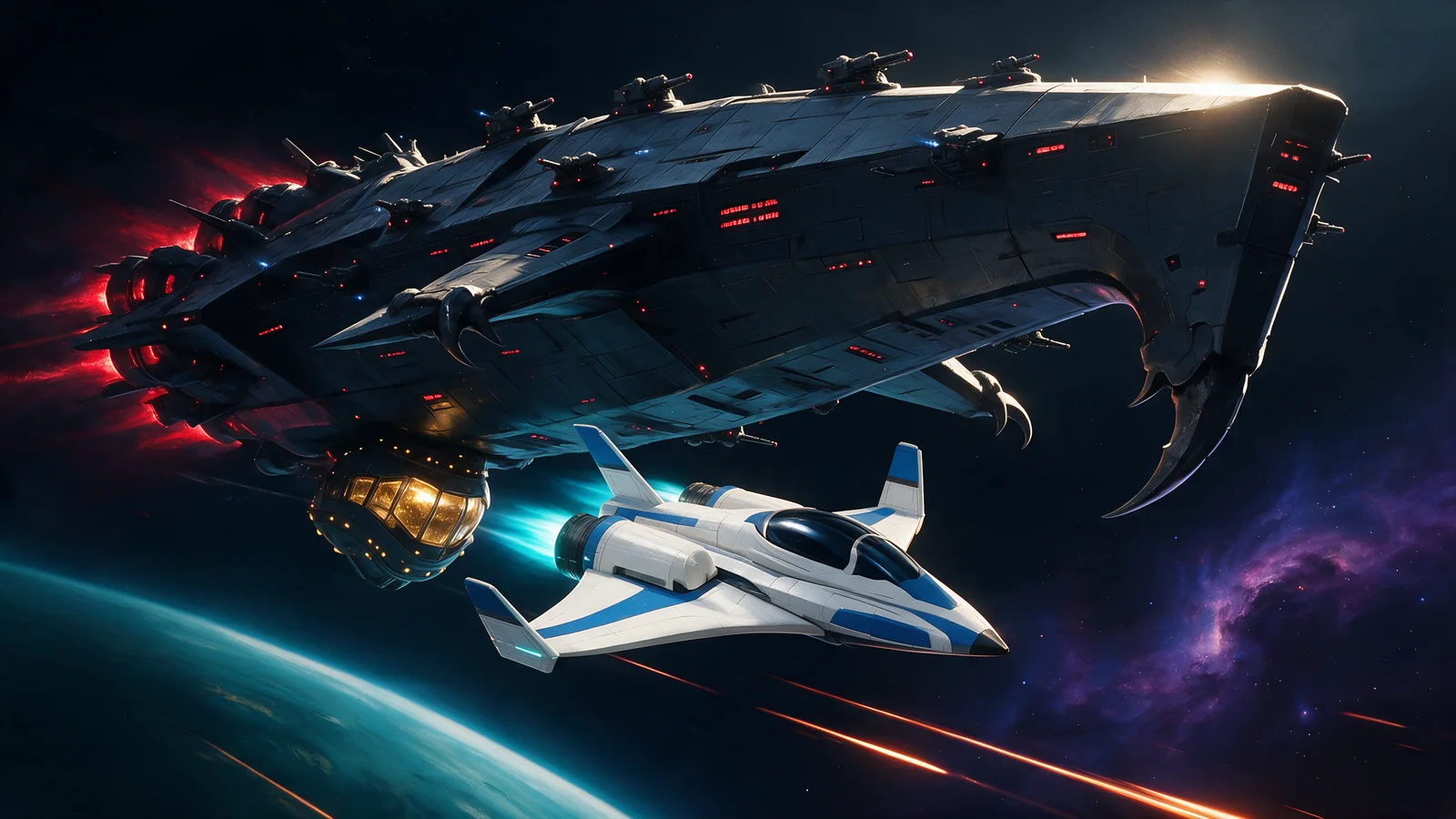 A white and blue strike fighter streaks beneath a clawed enemy warship, past a gold-lit pod under its keel, above a teal planet